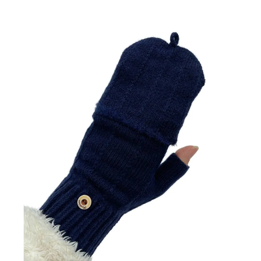 THSG1106: Navy: Convertible Fingerless Gloves with Buttoned Flap