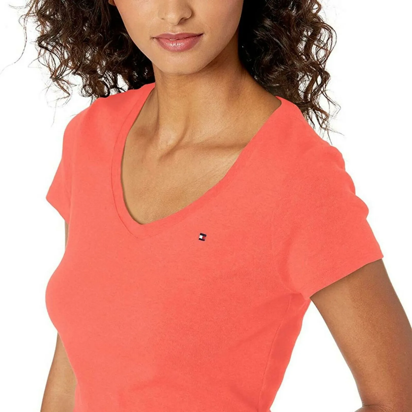Tommy Hilfiger Women's Short Sleeve V Neck T-Shirt Coralie Orange XL