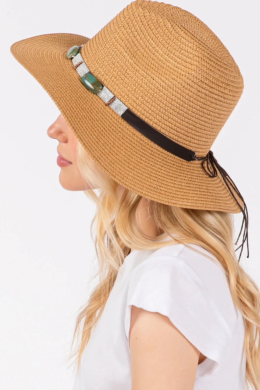 Turquoise Beads Band Straw Sun Hat Taupe - Pack of 6