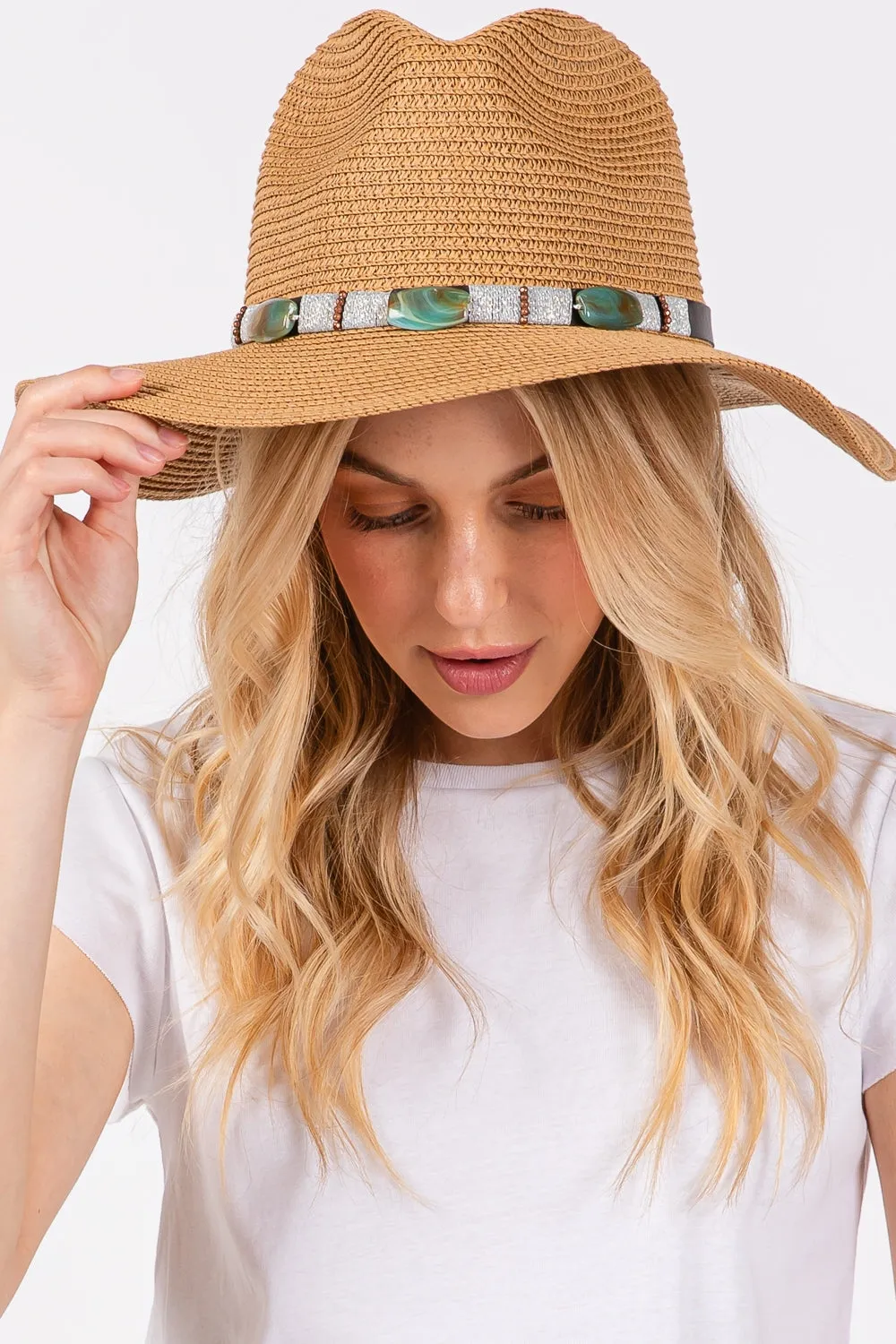 Turquoise Beads Band Straw Sun Hat Taupe - Pack of 6