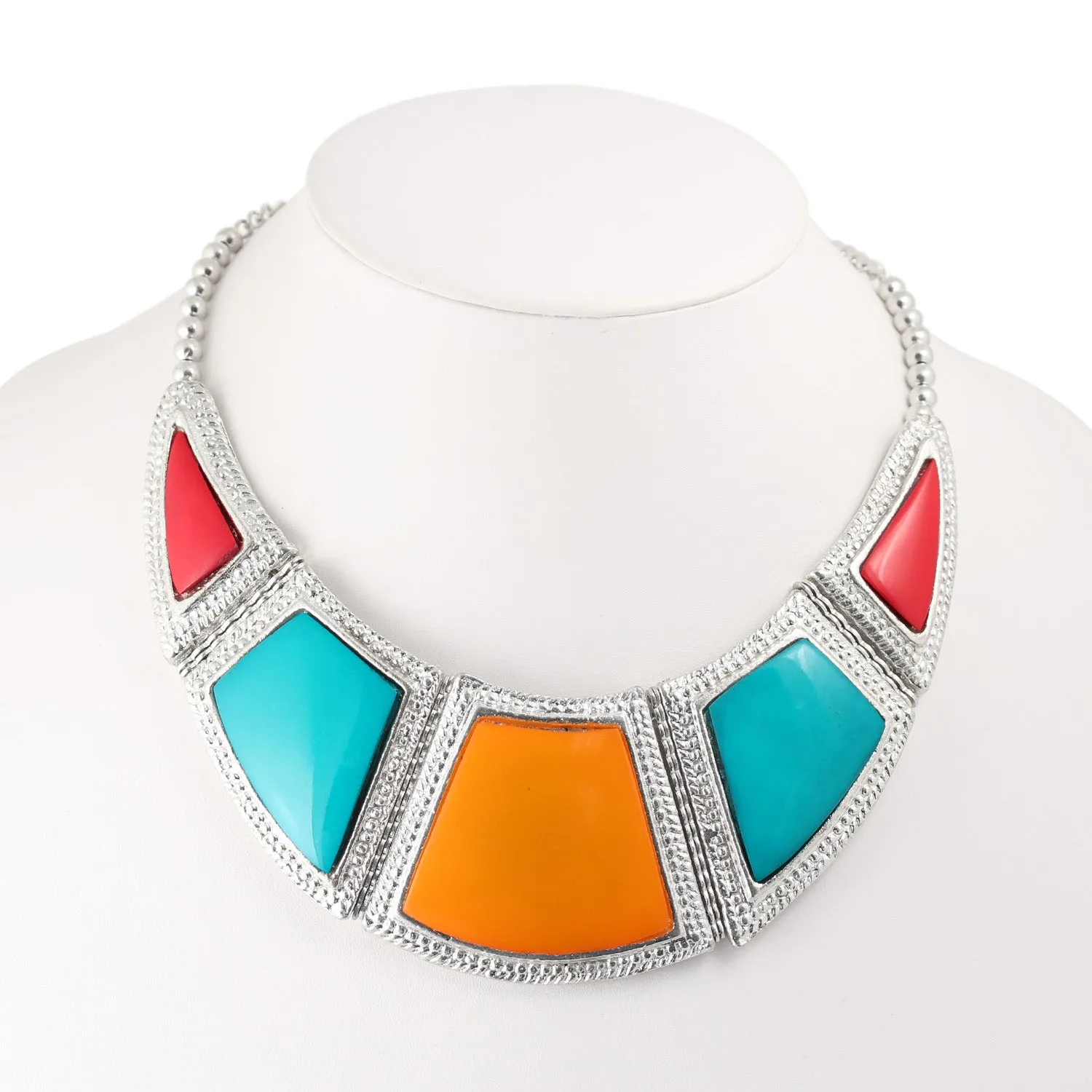 TURQUOISE CORAL AND ORANGE SILVER BIB NECKLACE #FWNK-1704-131