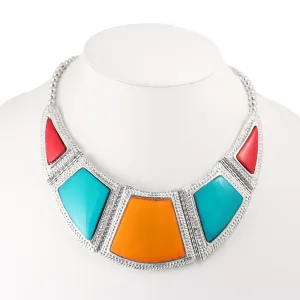TURQUOISE CORAL AND ORANGE SILVER BIB NECKLACE #FWNK-1704-131