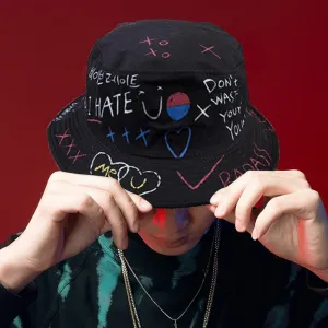 Unisex Harajuku Bucket Hat Graffiti Letter Women Men Fishing Fisherman Hat Summer Outdoor Panama Hip Hop Cap
