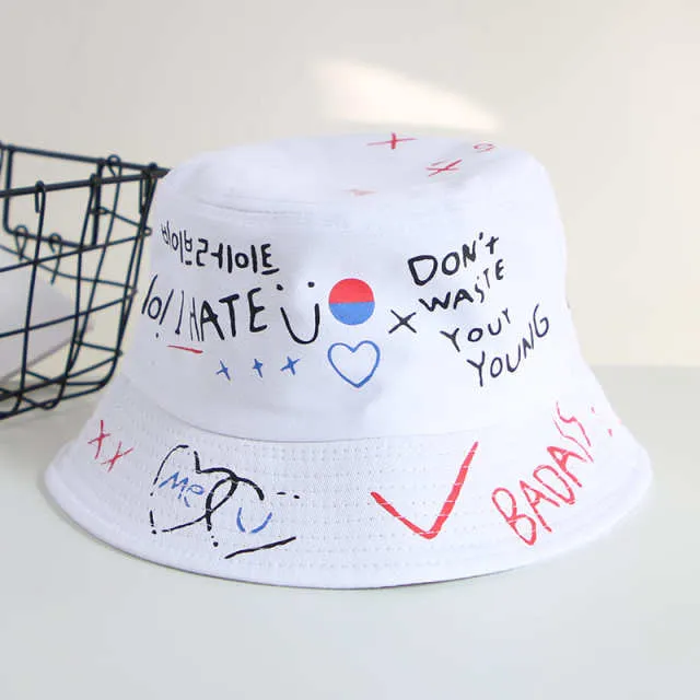 Unisex Harajuku Bucket Hat Graffiti Letter Women Men Fishing Fisherman Hat Summer Outdoor Panama Hip Hop Cap