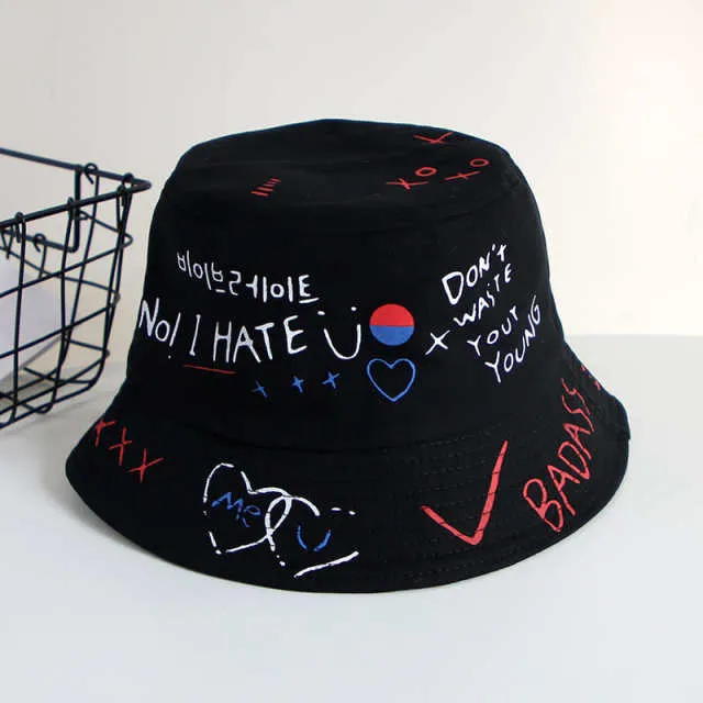 Unisex Harajuku Bucket Hat Graffiti Letter Women Men Fishing Fisherman Hat Summer Outdoor Panama Hip Hop Cap