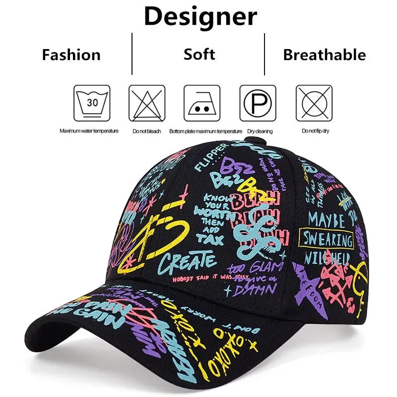 Unisex Letter Graffiti Snapback Baseball Caps - Adjustable Spring/Autumn Outdoor Casual Hats with Sunscreen Protection