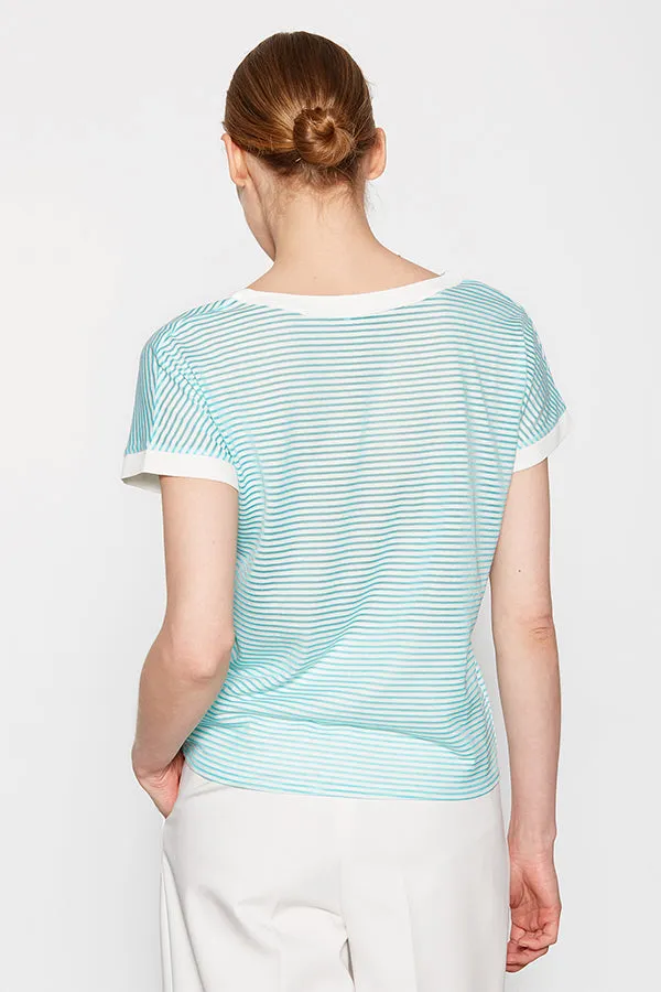 V-NECK STRIPED TURQUOISE T-SHIRT