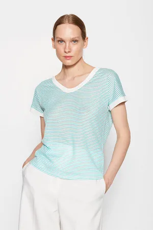 V-NECK STRIPED TURQUOISE T-SHIRT