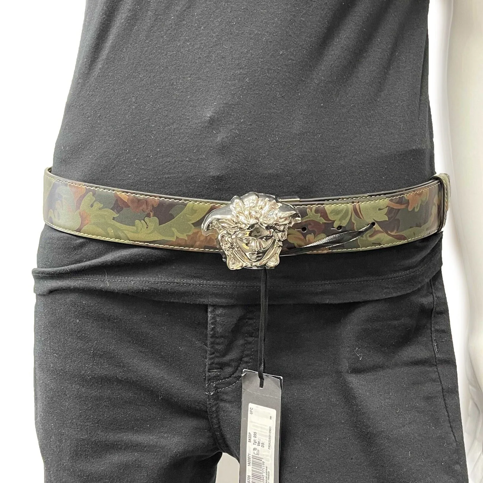 Versace - La Medusa Logo Buckle Barocco Green Leather Belt - 85/34 - NEW