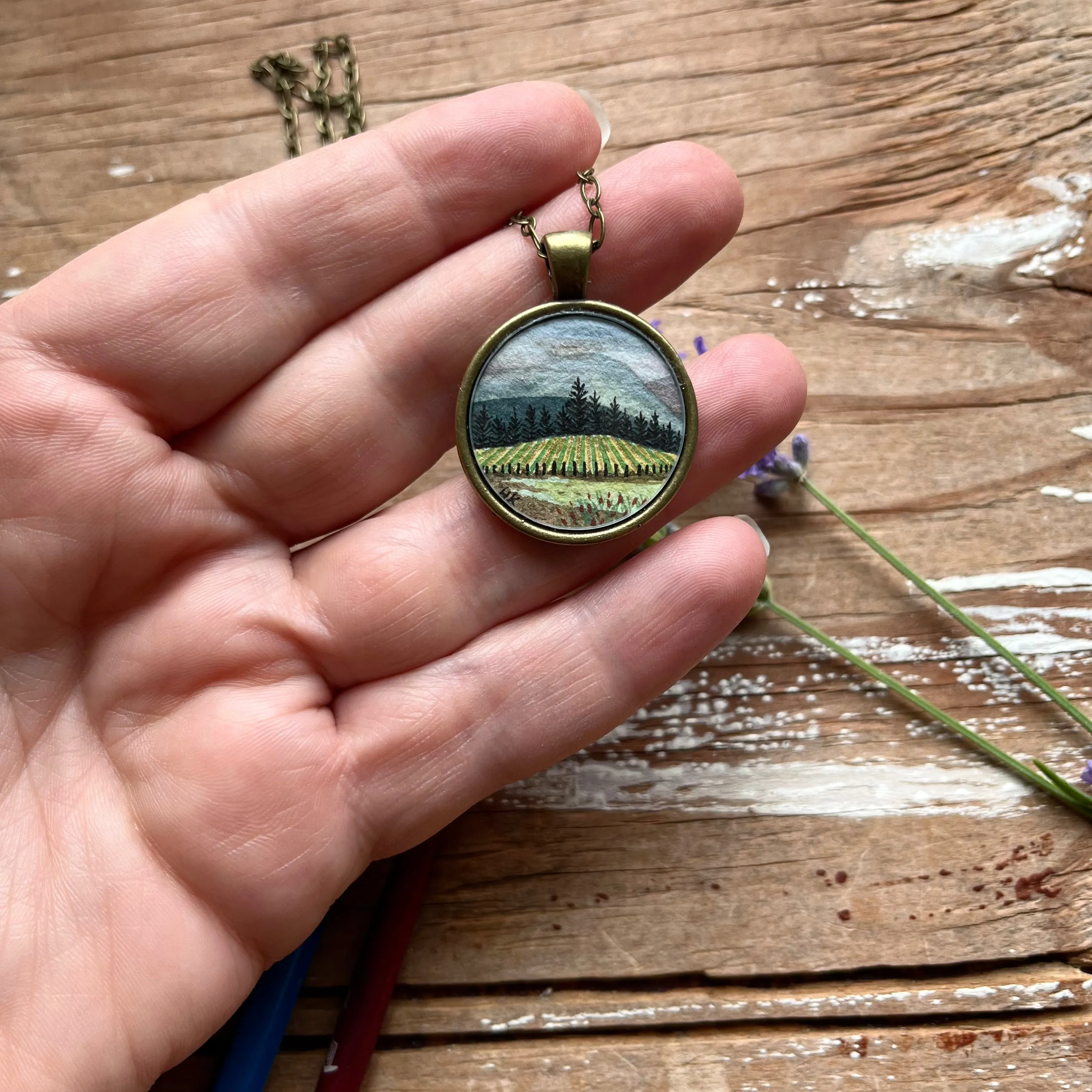 Vineyard View - Wine Country Landscape Art, Hand Painted Necklace, Original Watercolor Painting
