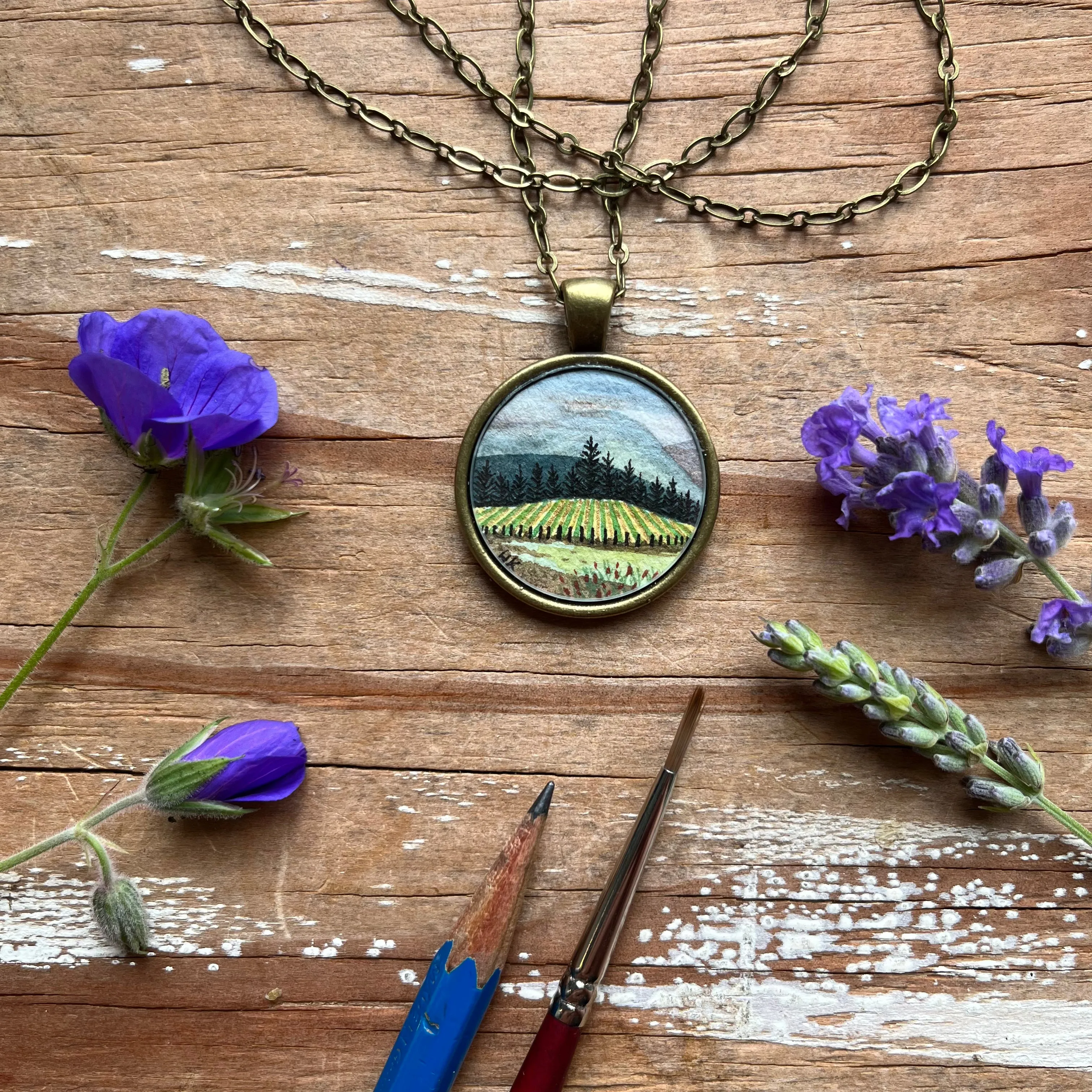 Vineyard View - Wine Country Landscape Art, Hand Painted Necklace, Original Watercolor Painting