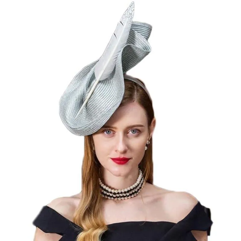 Vintage Black Gray Elegant Fedora Wedding Ladies With Feather Church Hats