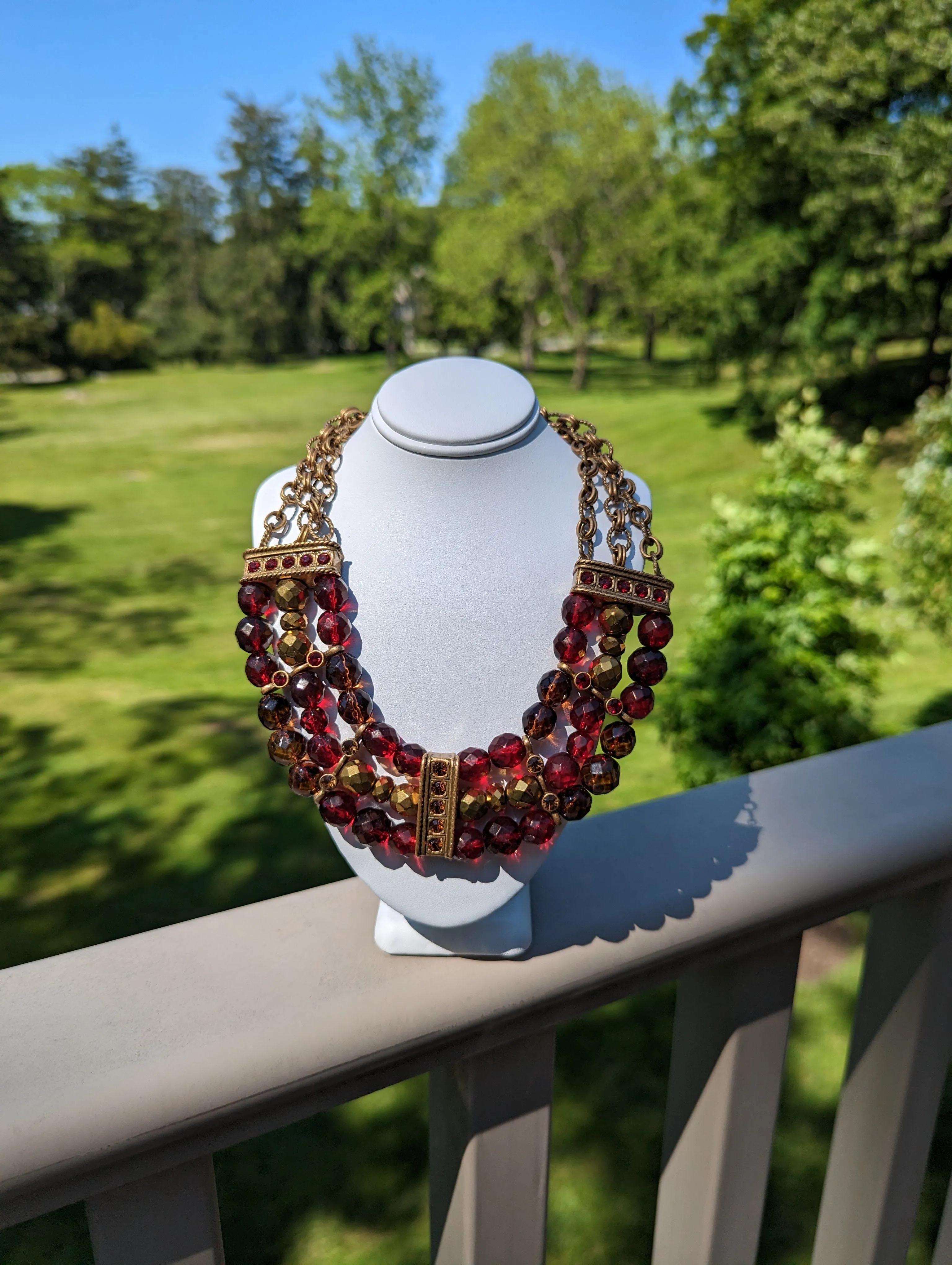 Vintage - Dark Red and Gold Beaded Statement Necklace