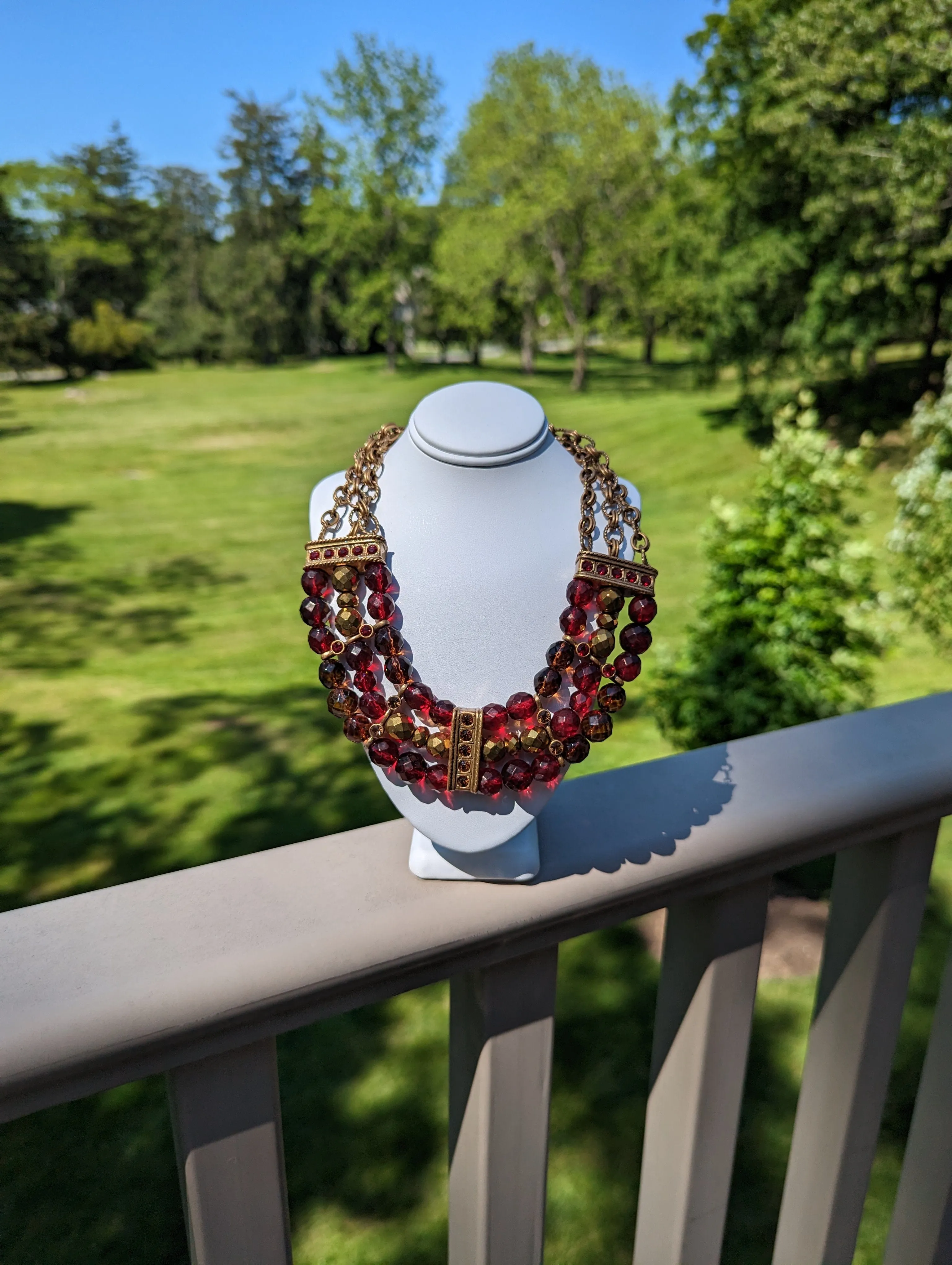Vintage - Dark Red and Gold Beaded Statement Necklace