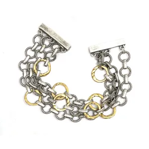 VINTAGE SILVER FLAT RING TRIPLE CHAIN GOLD TWIST BRACELET