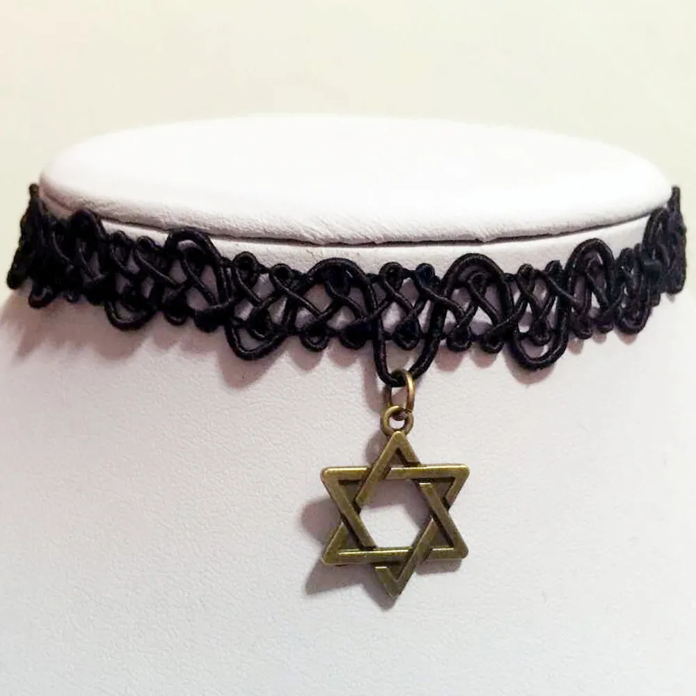 Vintage Stretch Lace Tattoo Choker Necklace Gothic Punk Grunge Henna Elastic with Choker Pendant Necklaces For Women VB992 P10