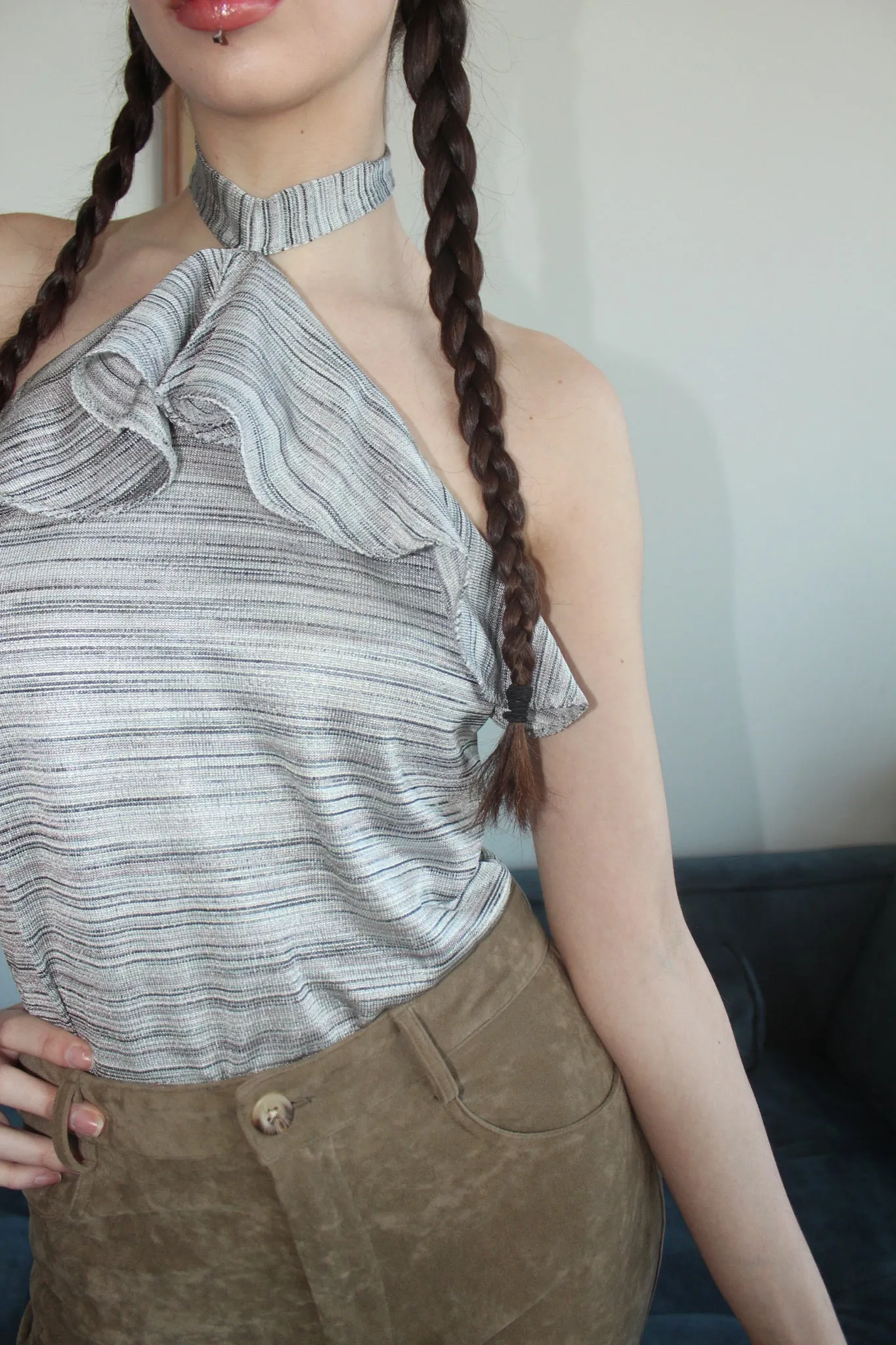 Vintage Striped Ruffled Halter Top (M)