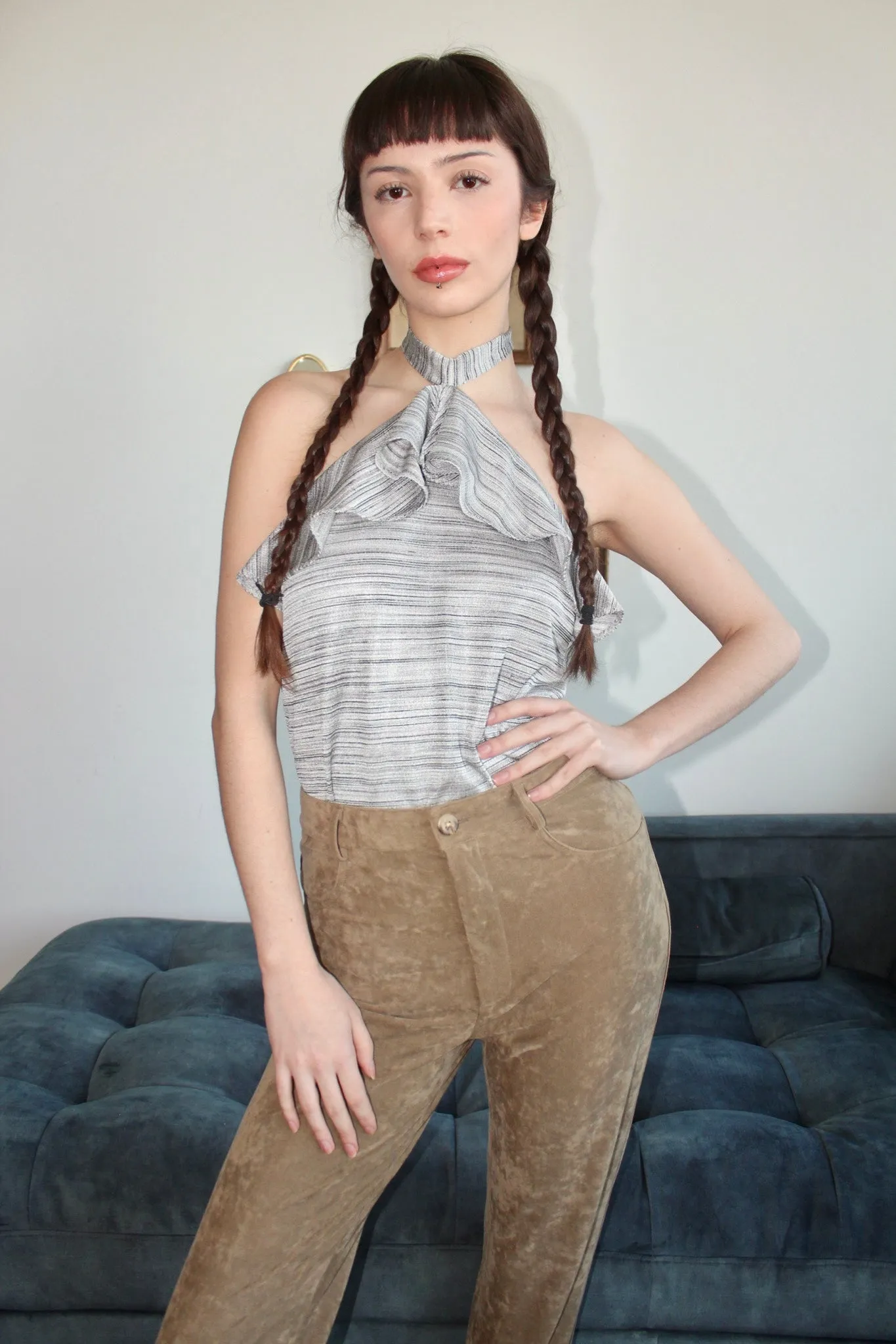 Vintage Striped Ruffled Halter Top (M)