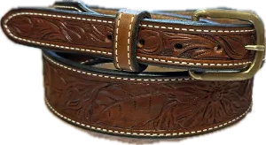 Visalia Medium Brown Wild Rose Tapered Patterned Belt 1 1/2" to 1"
