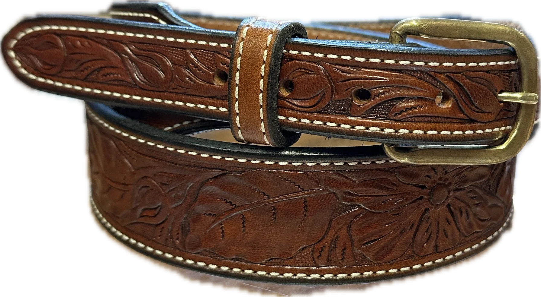 Visalia Medium Brown Wild Rose Tapered Patterned Belt 1 1/2" to 1"