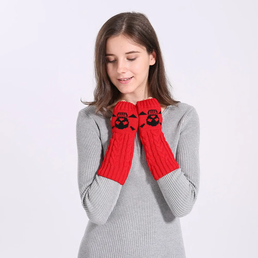 Warm Twisted Skull Knit Short Gloves With Wool
