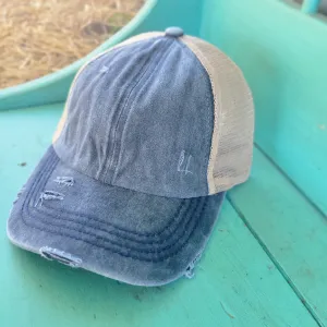 Washed Denim Criss Cross High Pony CC Ball Cap - Navy/Beige