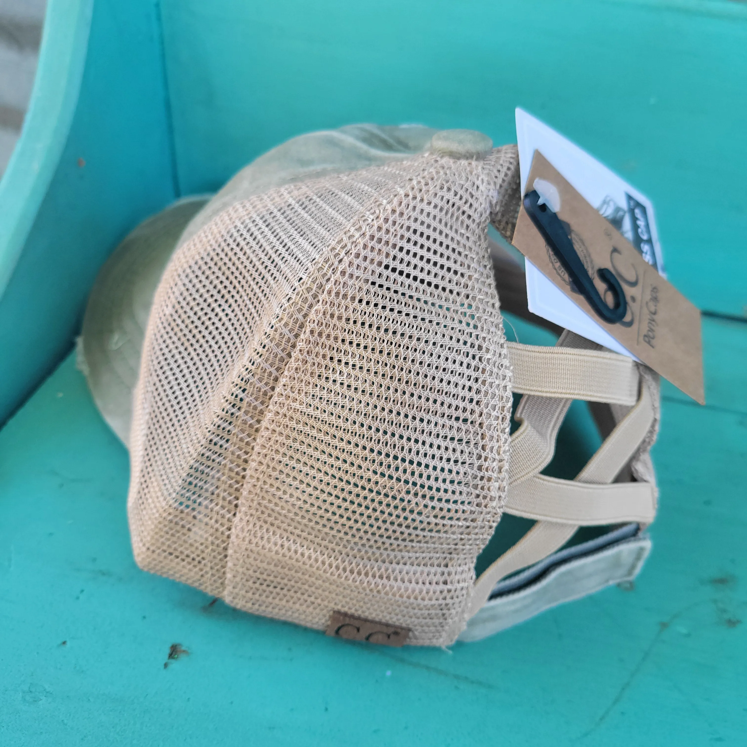 Washed Denim Criss Cross High Pony CC Ball Cap - Olive/Beige