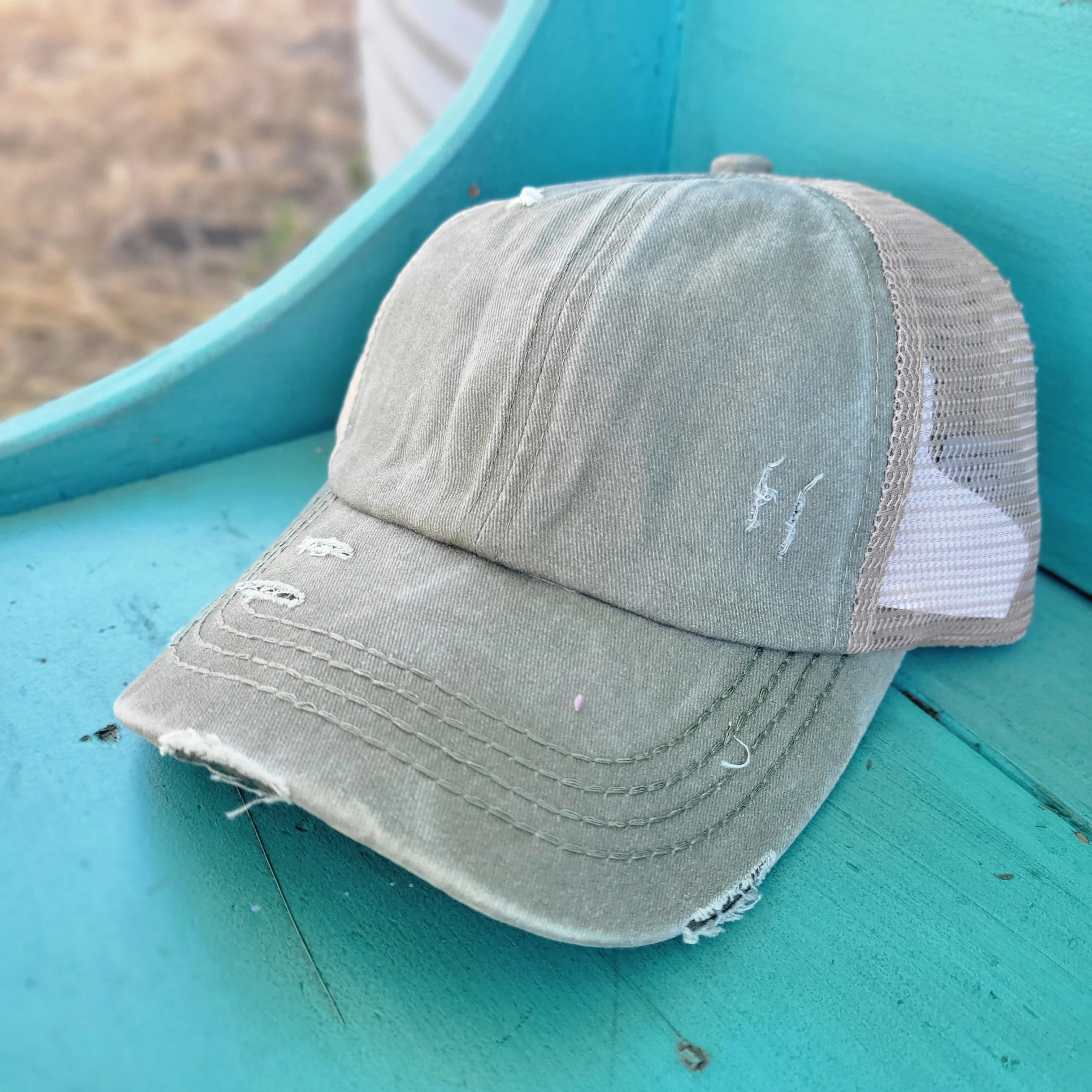 Washed Denim Criss Cross High Pony CC Ball Cap - Olive/Beige