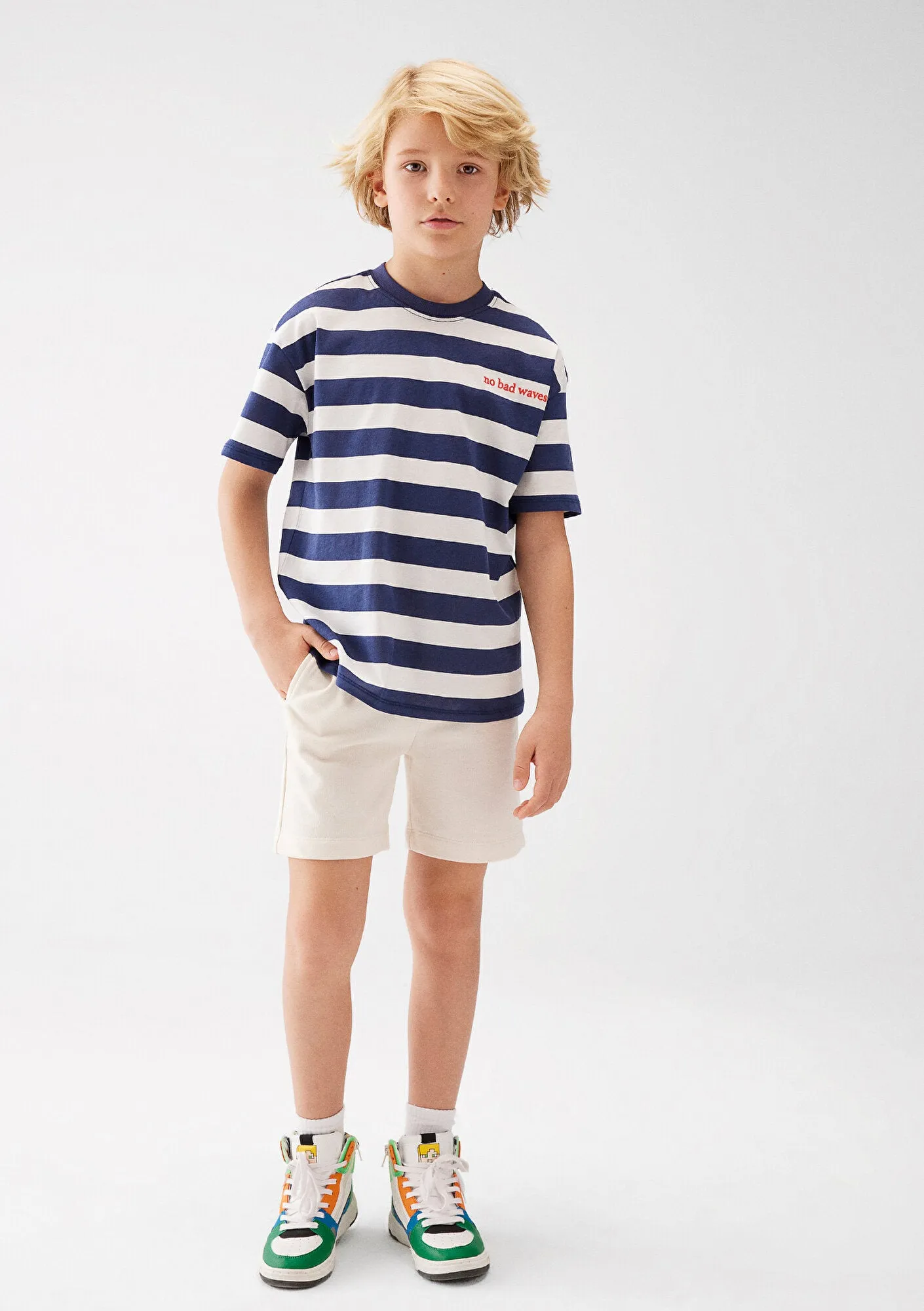 Waves Printed Navy Striped T-Shirt