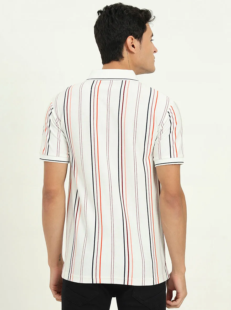 White & Orange Striped Slim Fit Polo T-Shirt | Greenfibre
