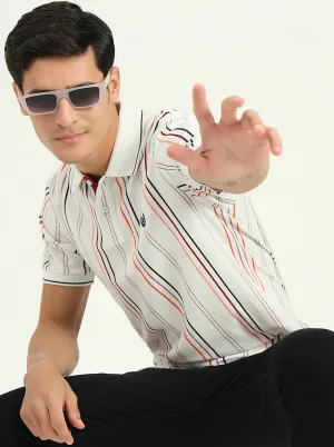 White & Orange Striped Slim Fit Polo T-Shirt | Greenfibre