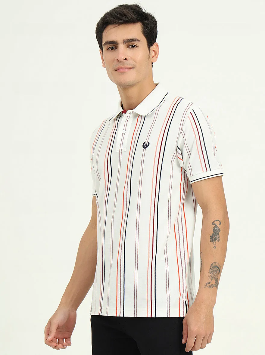 White & Orange Striped Slim Fit Polo T-Shirt | Greenfibre
