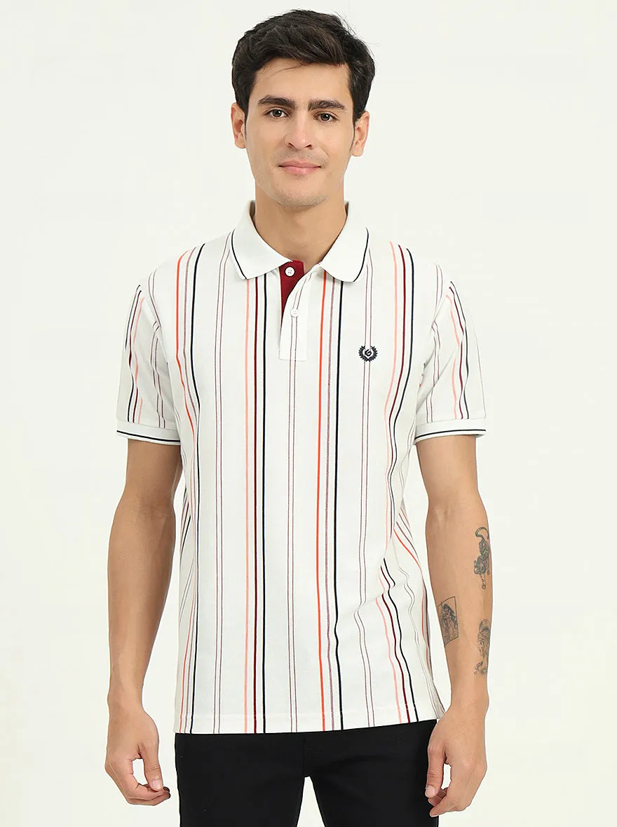 White & Orange Striped Slim Fit Polo T-Shirt | Greenfibre