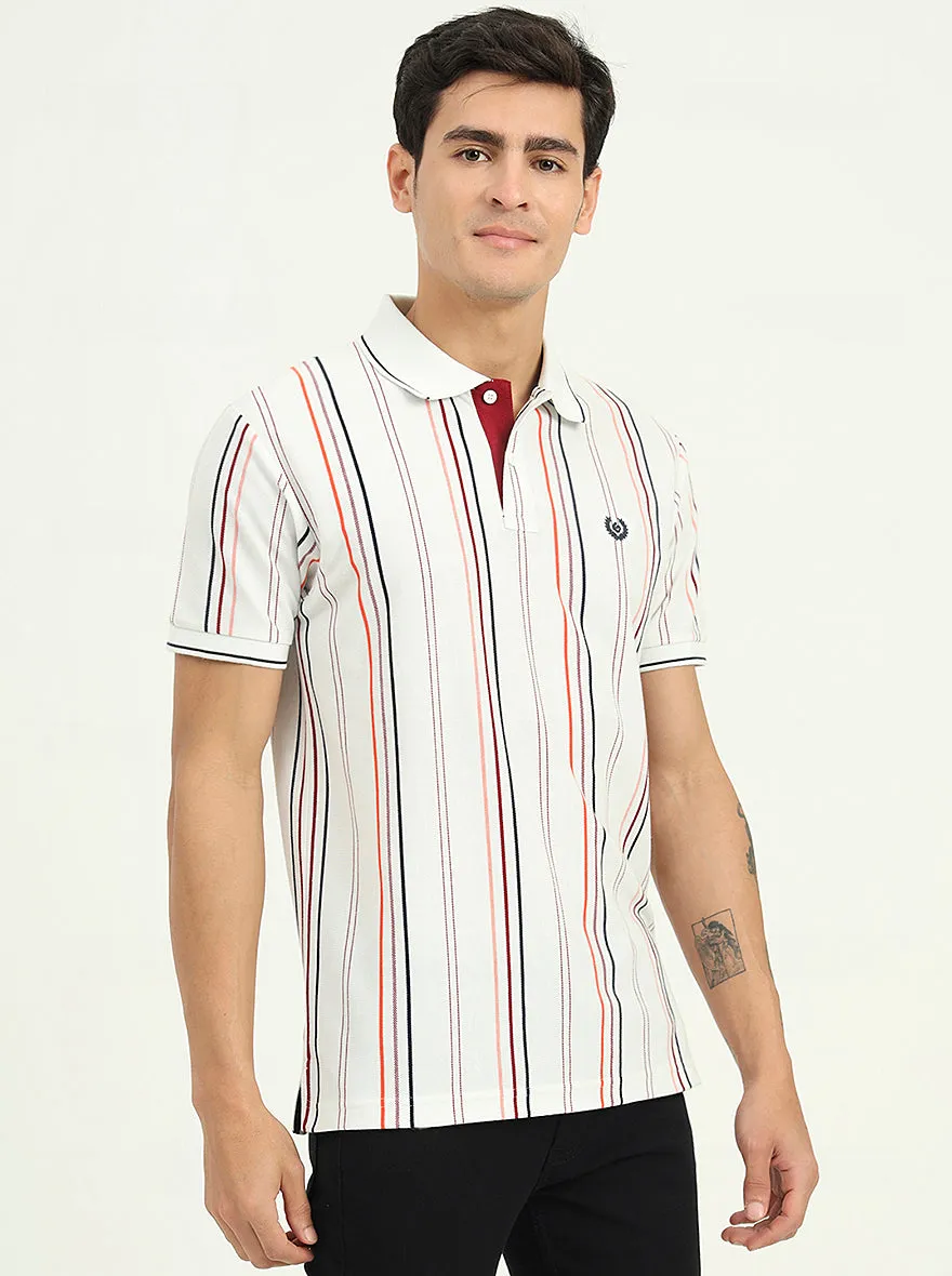 White & Orange Striped Slim Fit Polo T-Shirt | Greenfibre
