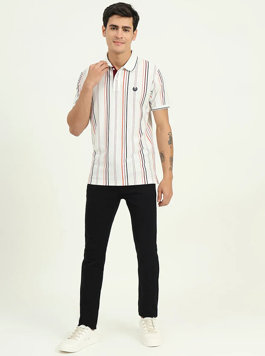 White & Orange Striped Slim Fit Polo T-Shirt | Greenfibre