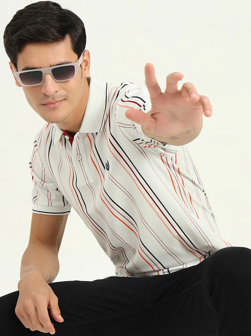 White & Orange Striped Slim Fit Polo T-Shirt | Greenfibre