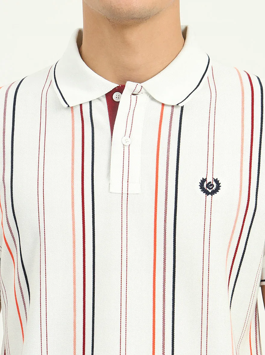 White & Orange Striped Slim Fit Polo T-Shirt | Greenfibre