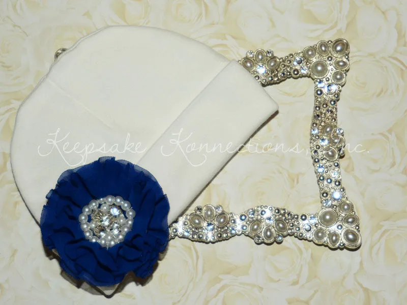 White Beanie Hat with Rhinestone Chiffon Flower