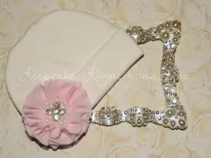 White Beanie Hat with Rhinestone Chiffon Flower