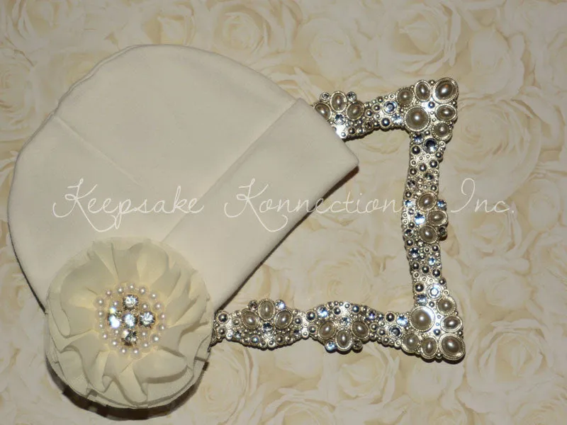 White Beanie Hat with Rhinestone Chiffon Flower