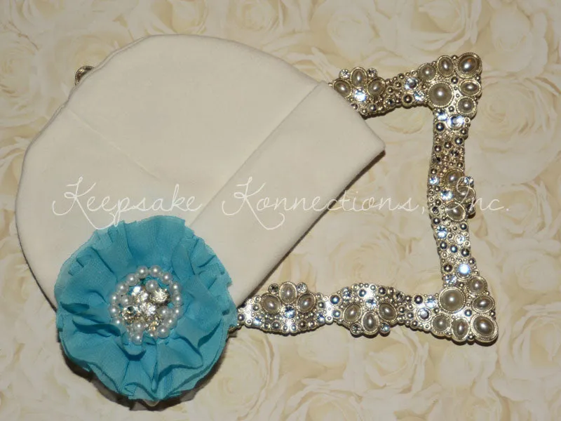 White Beanie Hat with Rhinestone Chiffon Flower
