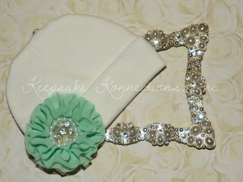 White Beanie Hat with Rhinestone Chiffon Flower