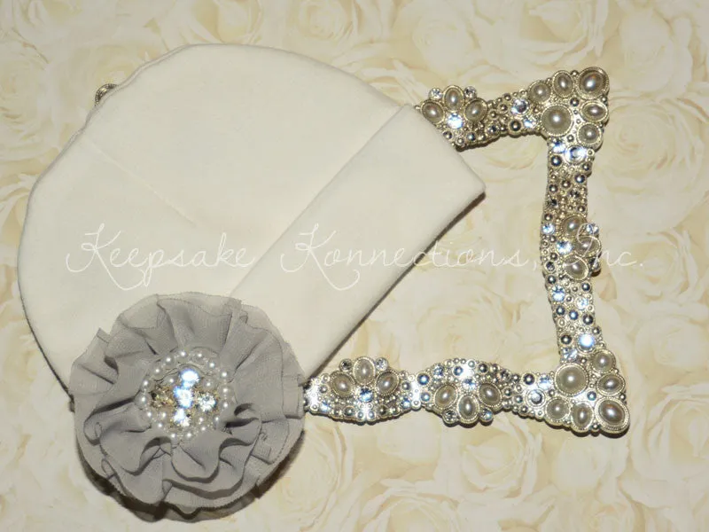 White Beanie Hat with Rhinestone Chiffon Flower