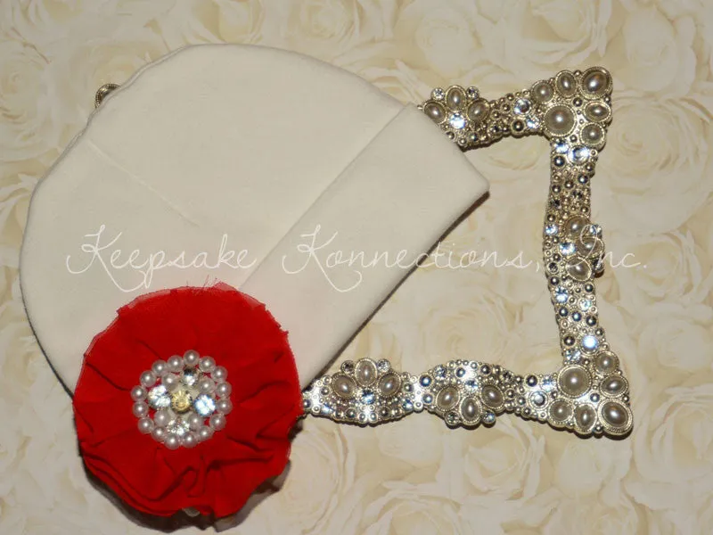 White Beanie Hat with Rhinestone Chiffon Flower
