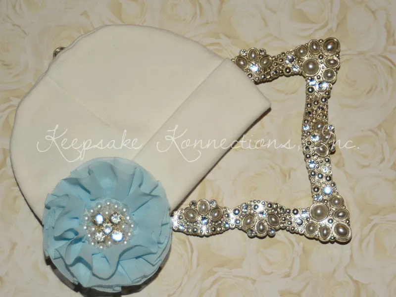 White Beanie Hat with Rhinestone Chiffon Flower