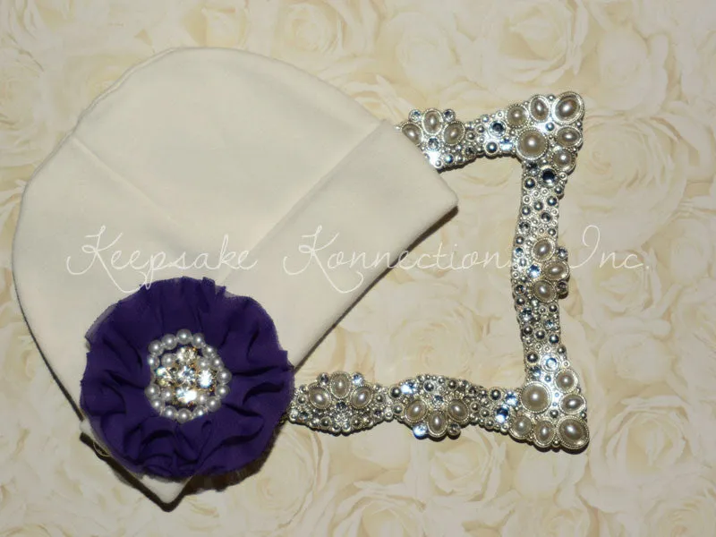 White Beanie Hat with Rhinestone Chiffon Flower