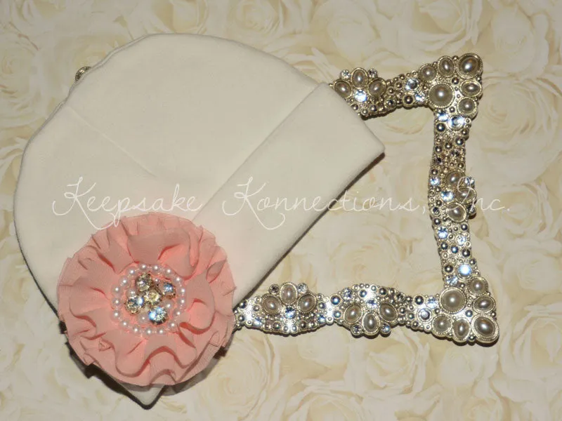 White Beanie Hat with Rhinestone Chiffon Flower