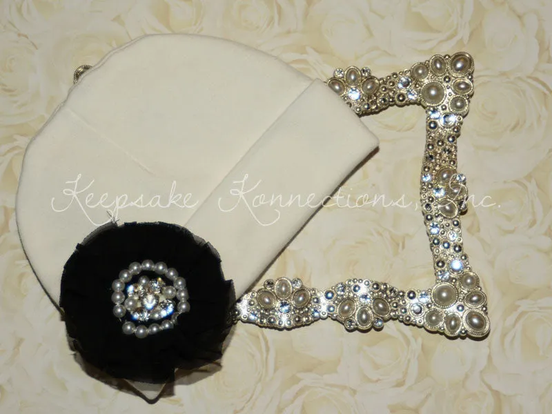 White Beanie Hat with Rhinestone Chiffon Flower