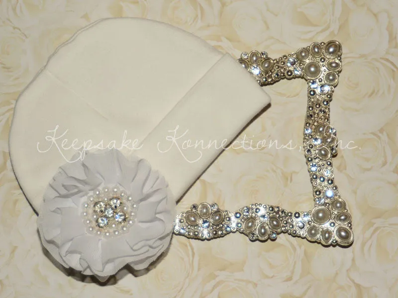 White Beanie Hat with Rhinestone Chiffon Flower