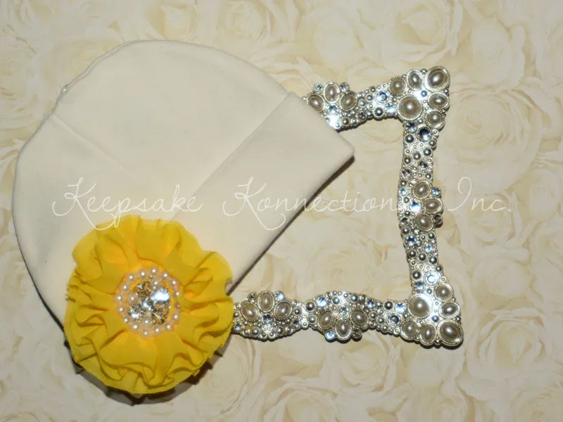 White Beanie Hat with Rhinestone Chiffon Flower